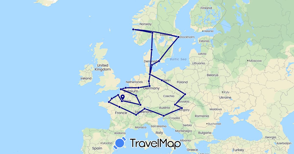 TravelMap itinerary: driving in Belgium, Switzerland, Germany, Denmark, France, Hungary, Luxembourg, Norway, Poland, Sweden, Slovenia, Slovakia (Europe)